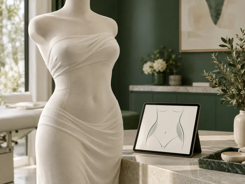 Karın germe planlamasını temsil eden, giydirilmiş abdominal model